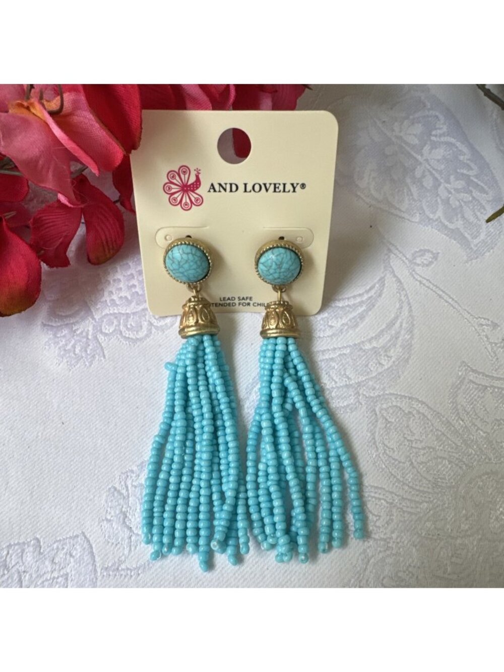 Colombus And Lovely Earrings Turquoise Blue Tassel Seed Bead GoldTone 3.5" NEW